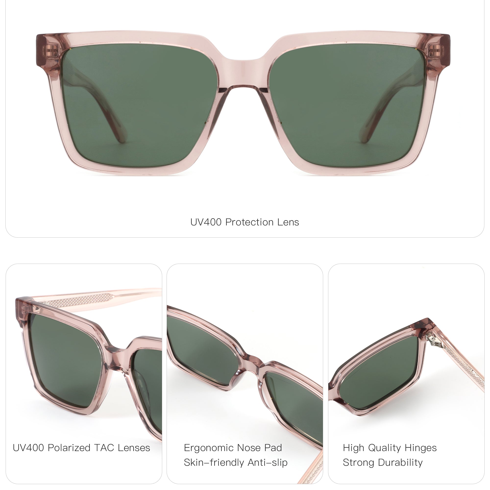 Zenottic Simona pink acetate square sunglasses with dark green UV400 polarized lenses and durable hinges.