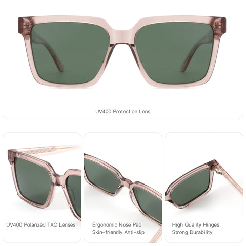 Zenottic Simona pink acetate square sunglasses with dark green UV400 polarized lenses and durable hinges.