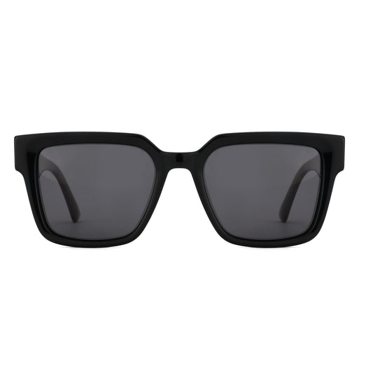 Black square acetate men’s sunglasses with dark UV-protection lenses