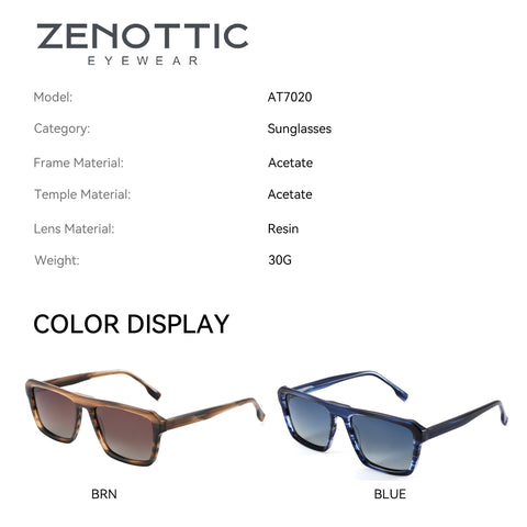 Zenottic AT7020 sunglasses, Acetate frame, Resin lenses, Color display: Brown and Blue options.