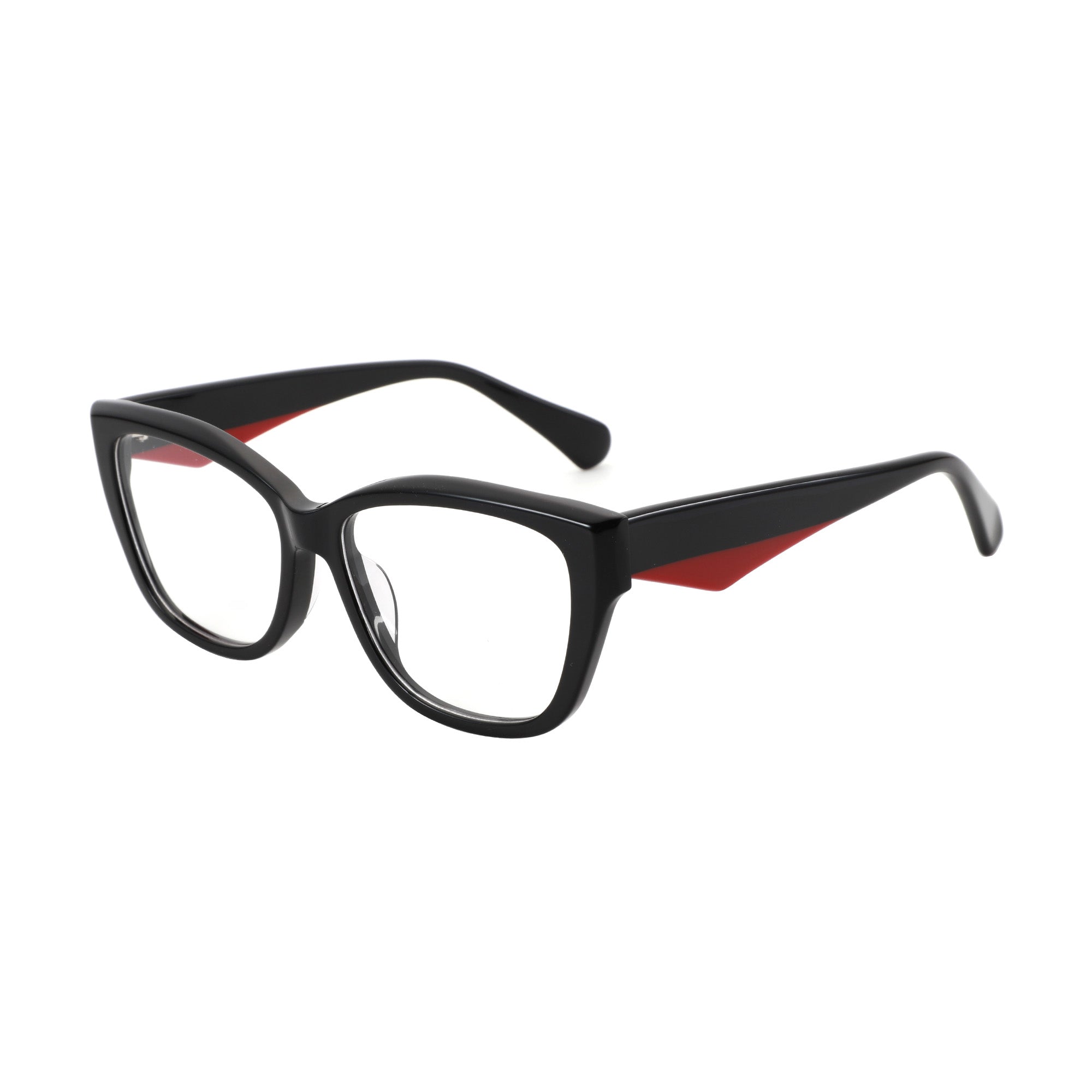 Black cat-eye eyeglasses with red accent, prescription eyewear, 54mm lens