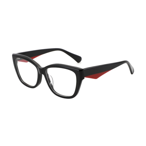 Black cat-eye eyeglasses with red accent, prescription eyewear, 54mm lens