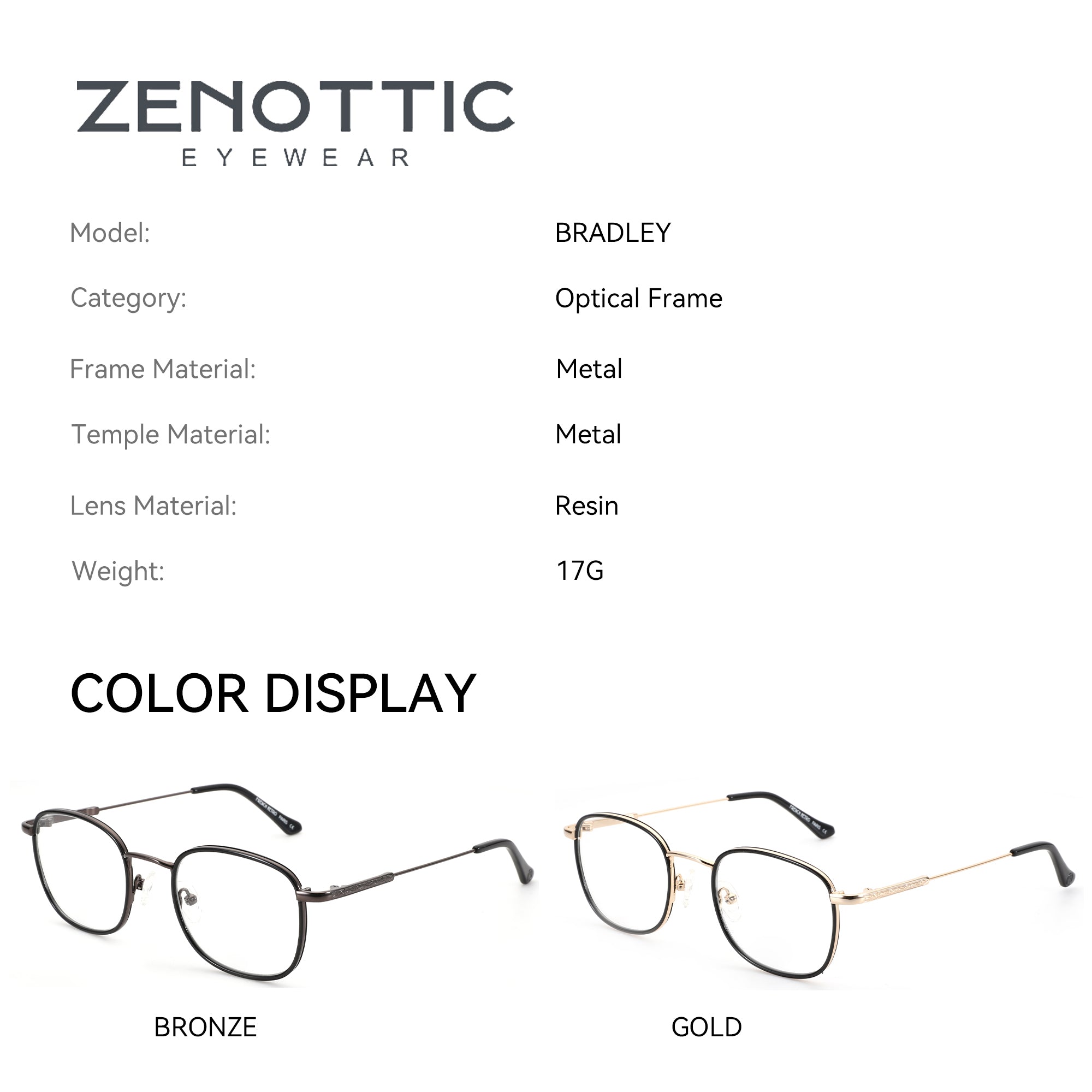 Zenottic Bradley eyeglasses color display: bronze and gold metal frames, retro style optical frames.