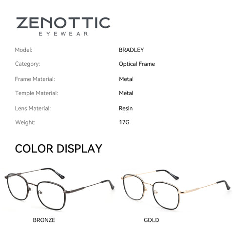 Zenottic Bradley eyeglasses color display: bronze and gold metal frames, retro style optical frames.