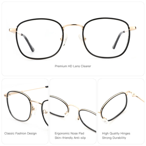 Zenottic Bradley eyeglasses with black and gold metal frame, classic style and ergonomic nose pads.