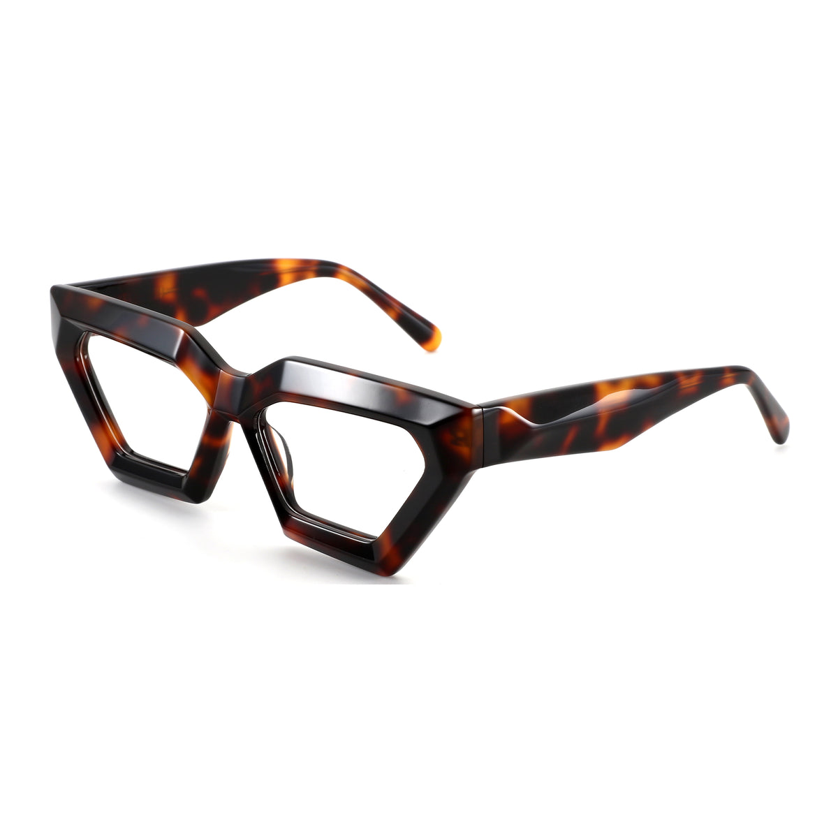 Zenottic Katia eyeglasses feature a bold, angular tortoise-shell acetate frame with a geometric design.
