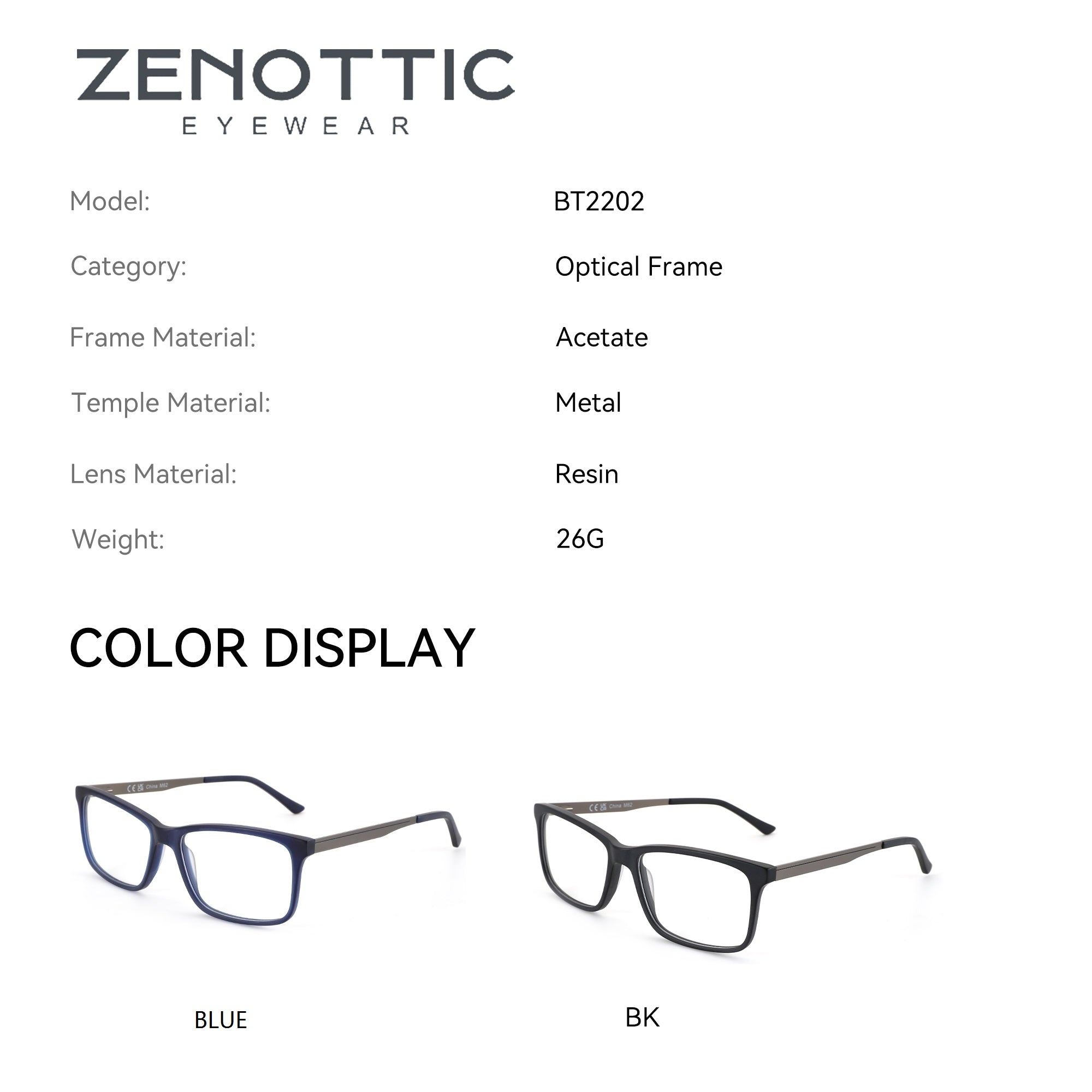 Zenottic Maverick eyeglasses: acetate frame, metal temples, blue or black color options.