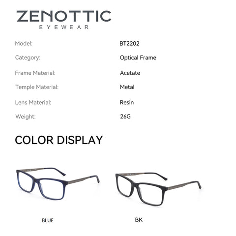 Zenottic Maverick eyeglasses: acetate frame, metal temples, blue or black color options.
