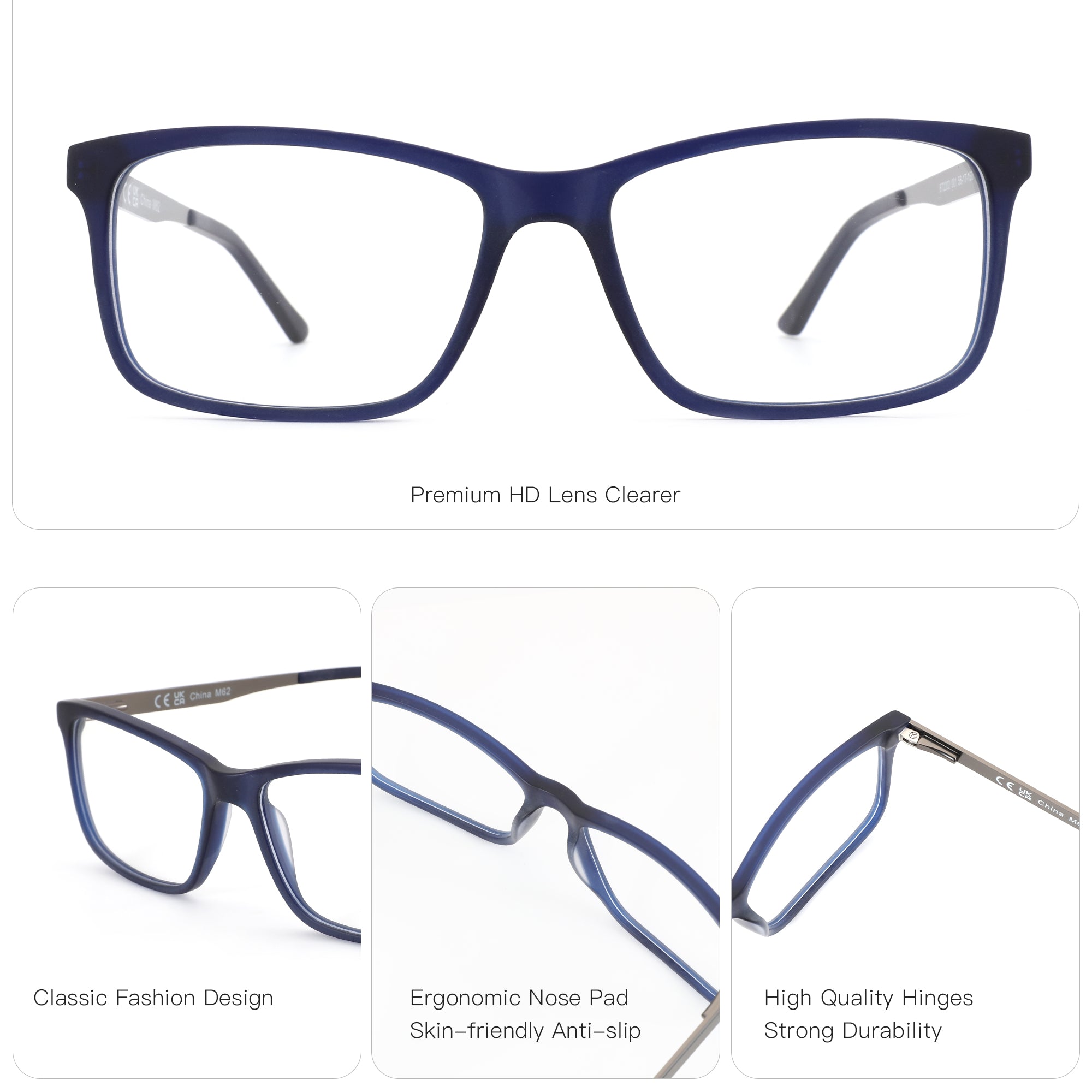 Blue acetate full-rim square Zenottic Maverick eyeglasses with clear lenses, ergonomic nose pad, and durable hinges.