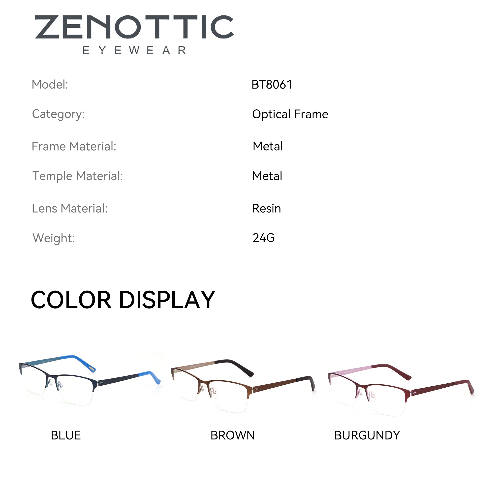 Zenottic Setlla optical frames: blue, brown, burgundy metal semi-rimless eyeglasses.