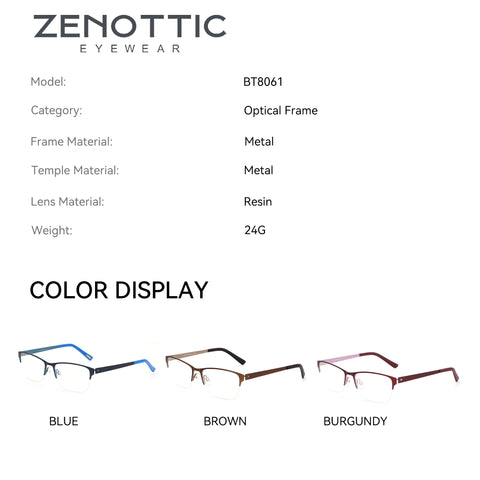 Zenottic Setlla optical frames: blue, brown, burgundy metal semi-rimless eyeglasses.