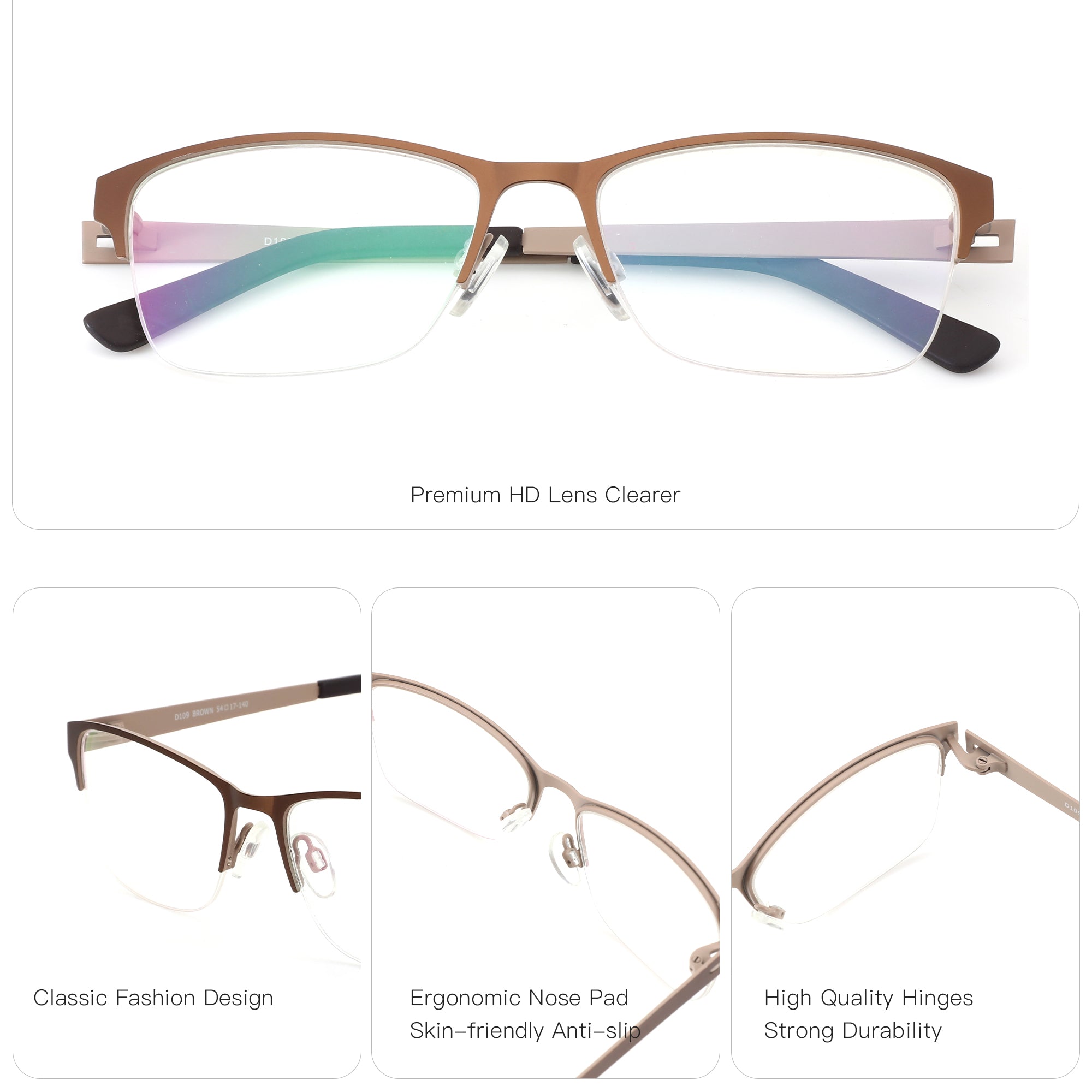 Zenottic Eyeglasses Setlla: Brown metal semi-rimless glasses with clear lenses, featuring classic fashion, ergonomic nose pads, and durable hinges.