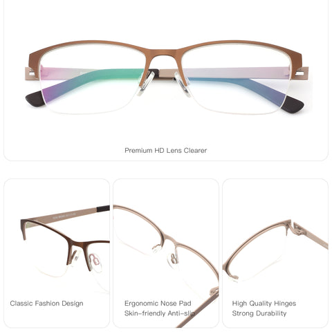 Zenottic Eyeglasses Setlla: Brown metal semi-rimless glasses with clear lenses, featuring classic fashion, ergonomic nose pads, and durable hinges.