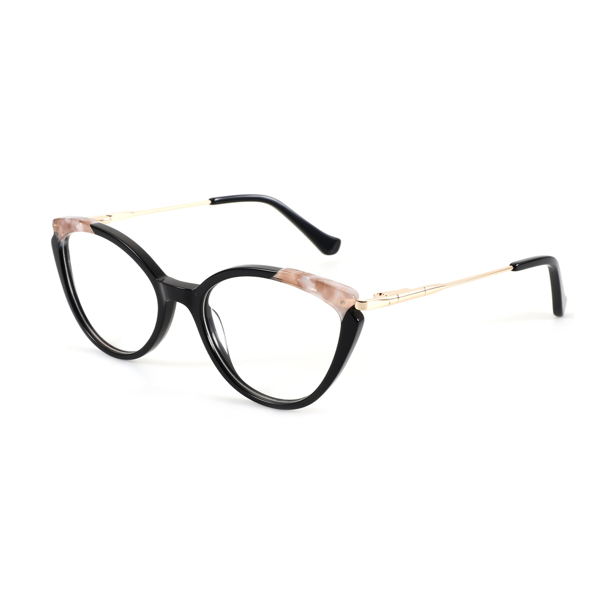 Zenottic Colalie eyeglasses with black cat-eye acetate frames and gold temples, featuring a marbled pink accent.