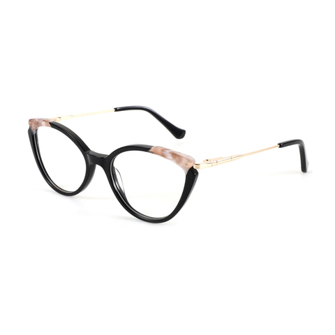 Zenottic Colalie eyeglasses with black cat-eye acetate frames and gold temples, featuring a marbled pink accent.