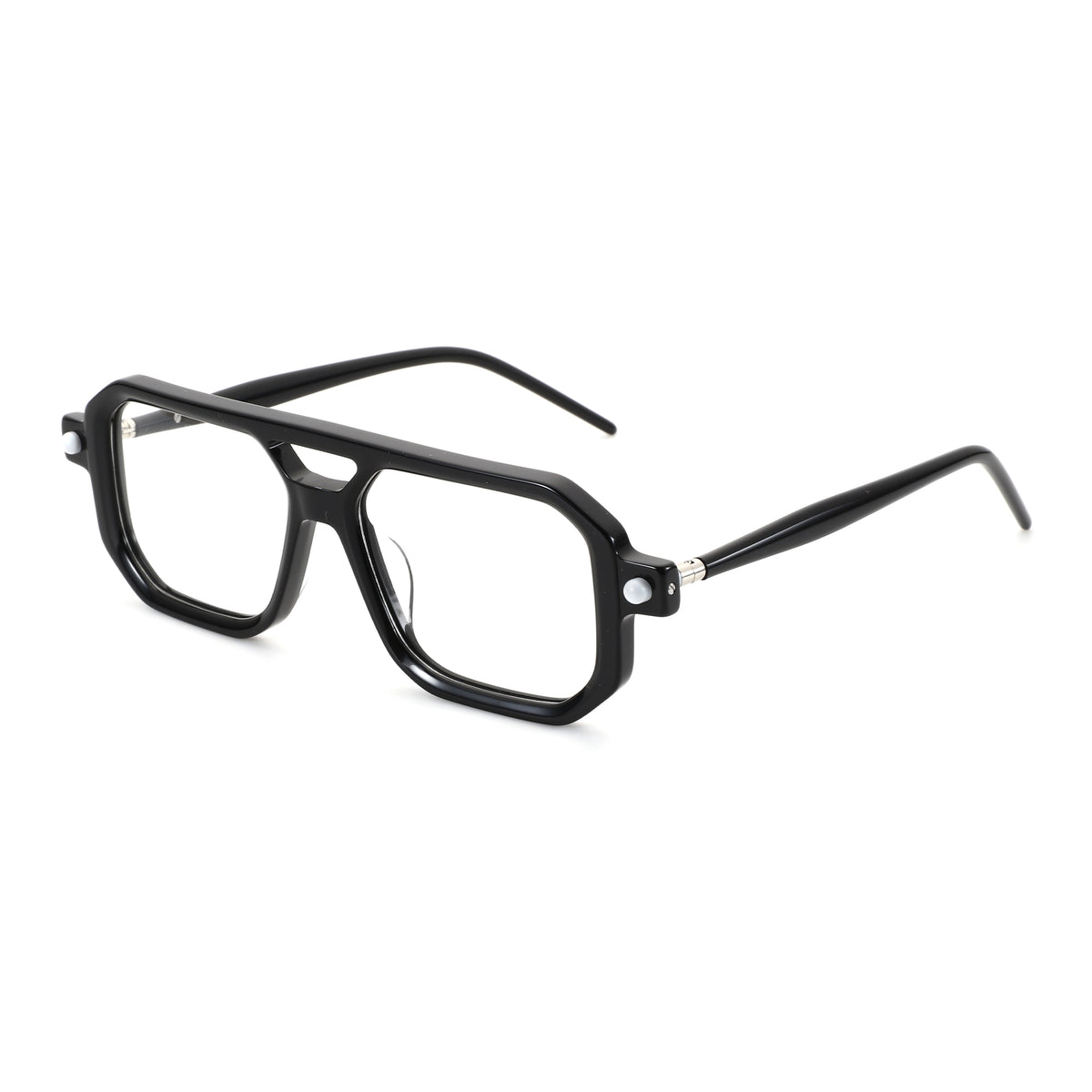 Zenottic Reed black acetate eyeglasses with geometric double bridge and clear lenses, product appearance.