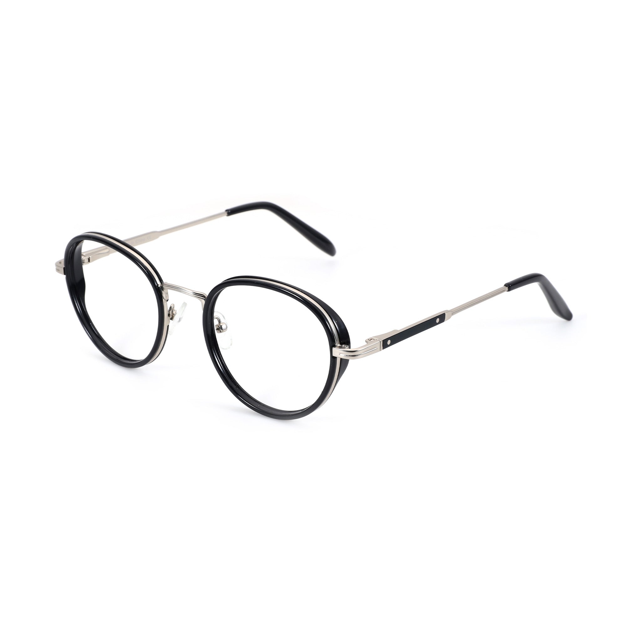 Zenottic Martin eyeglasses: round black full-rim frame, silver temples, clear non-prescription lenses, product showcase.
