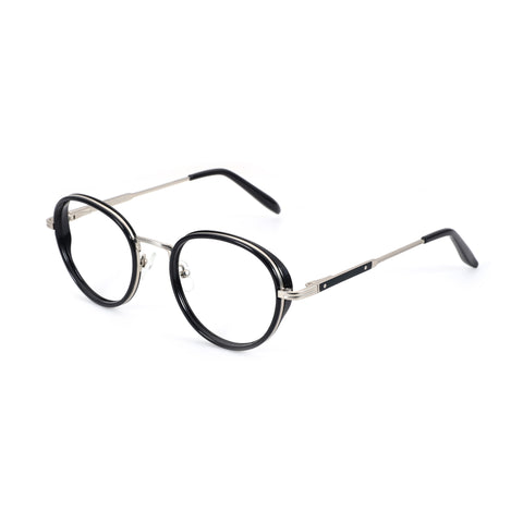 Zenottic Martin eyeglasses: round black full-rim frame, silver temples, clear non-prescription lenses, product showcase.