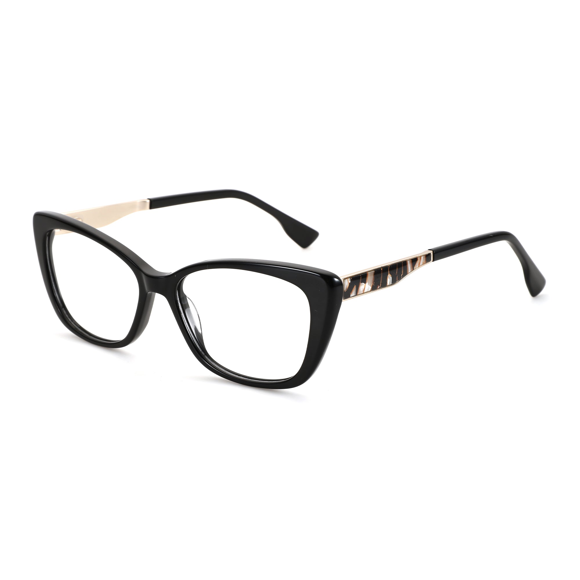 Zenottic Olga black cat-eye eyeglasses with gold and tortoise shell patterned temples.