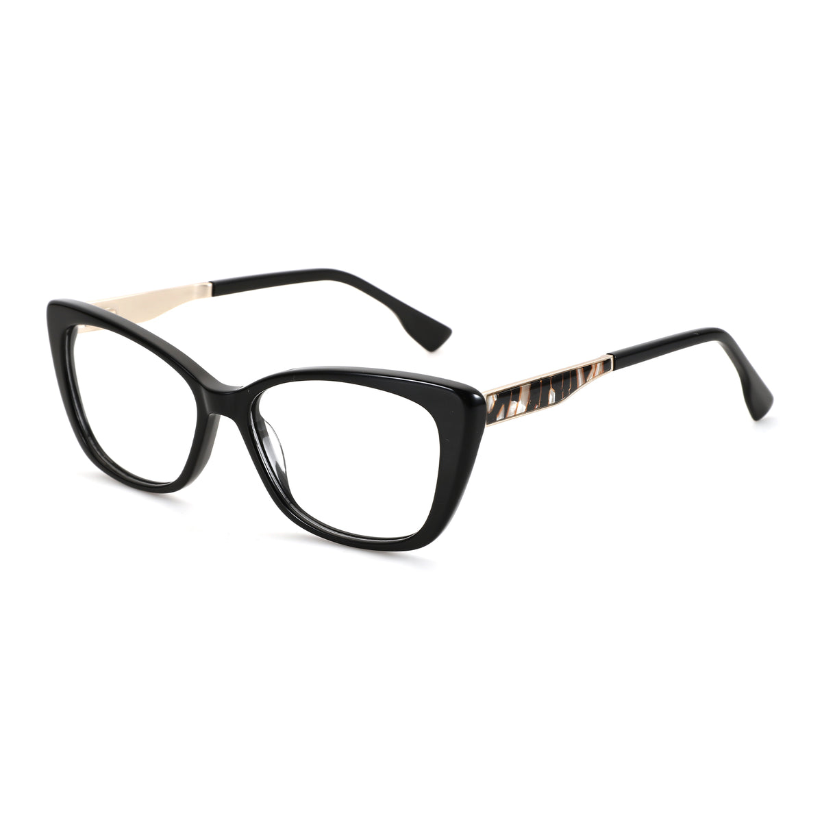 Zenottic Olga black cat-eye eyeglasses with gold and tortoise shell patterned temples.