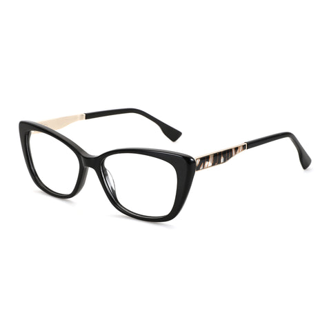 Zenottic Olga black cat-eye eyeglasses with gold and tortoise shell patterned temples.