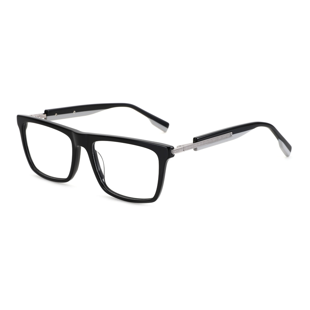 Zenottic black acetate eyeglasses with textured silver accents on the temples.