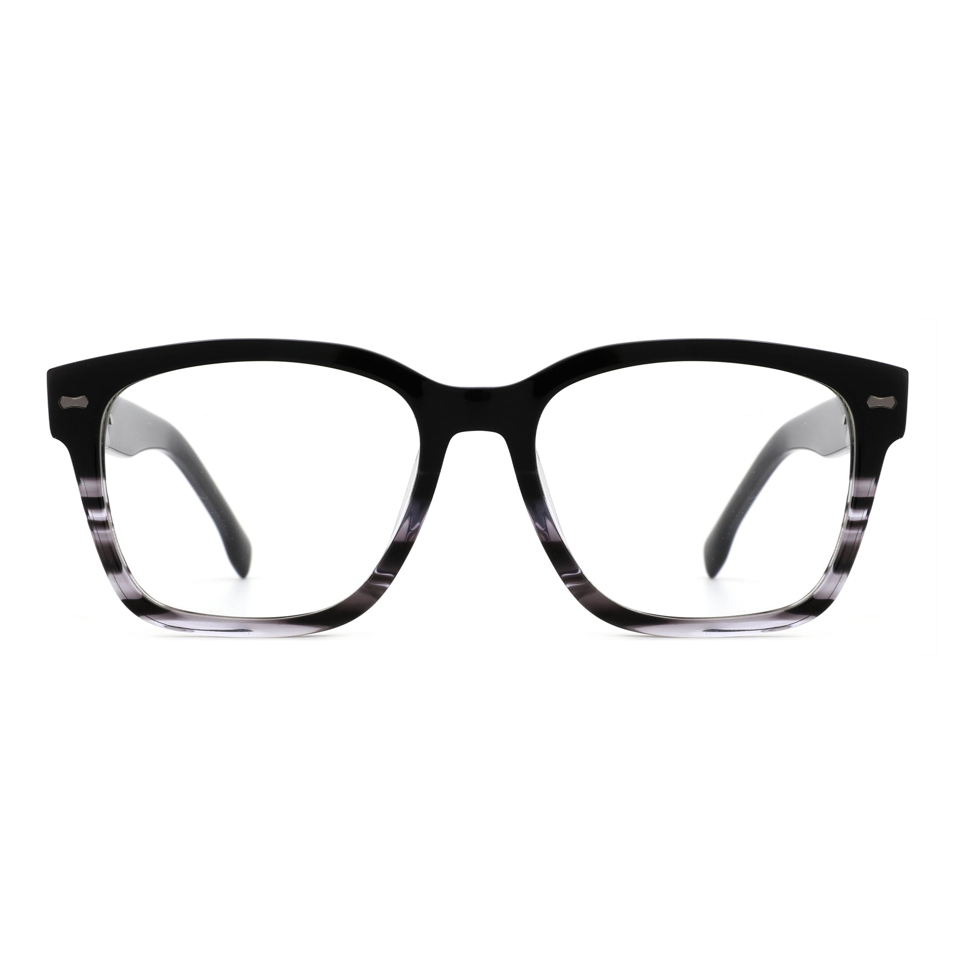 Zenottic Quentin square black acetate blue light glasses with subtle grey stripe detail on temples and lower frame.