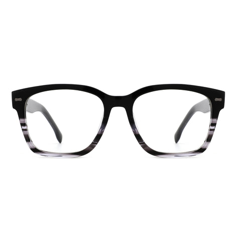 Zenottic Quentin square black acetate blue light glasses with subtle grey stripe detail on temples and lower frame.