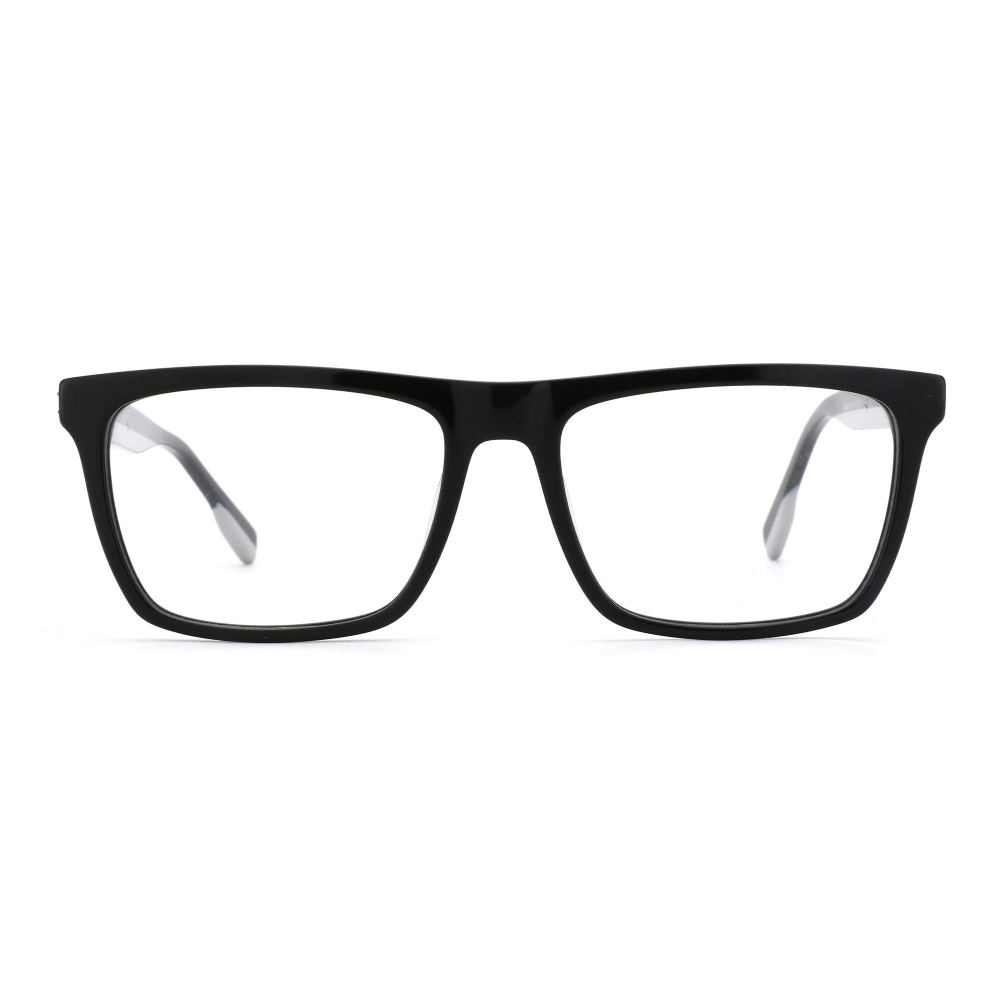 Zenottic black acetate square eyeglasses with clear lenses.