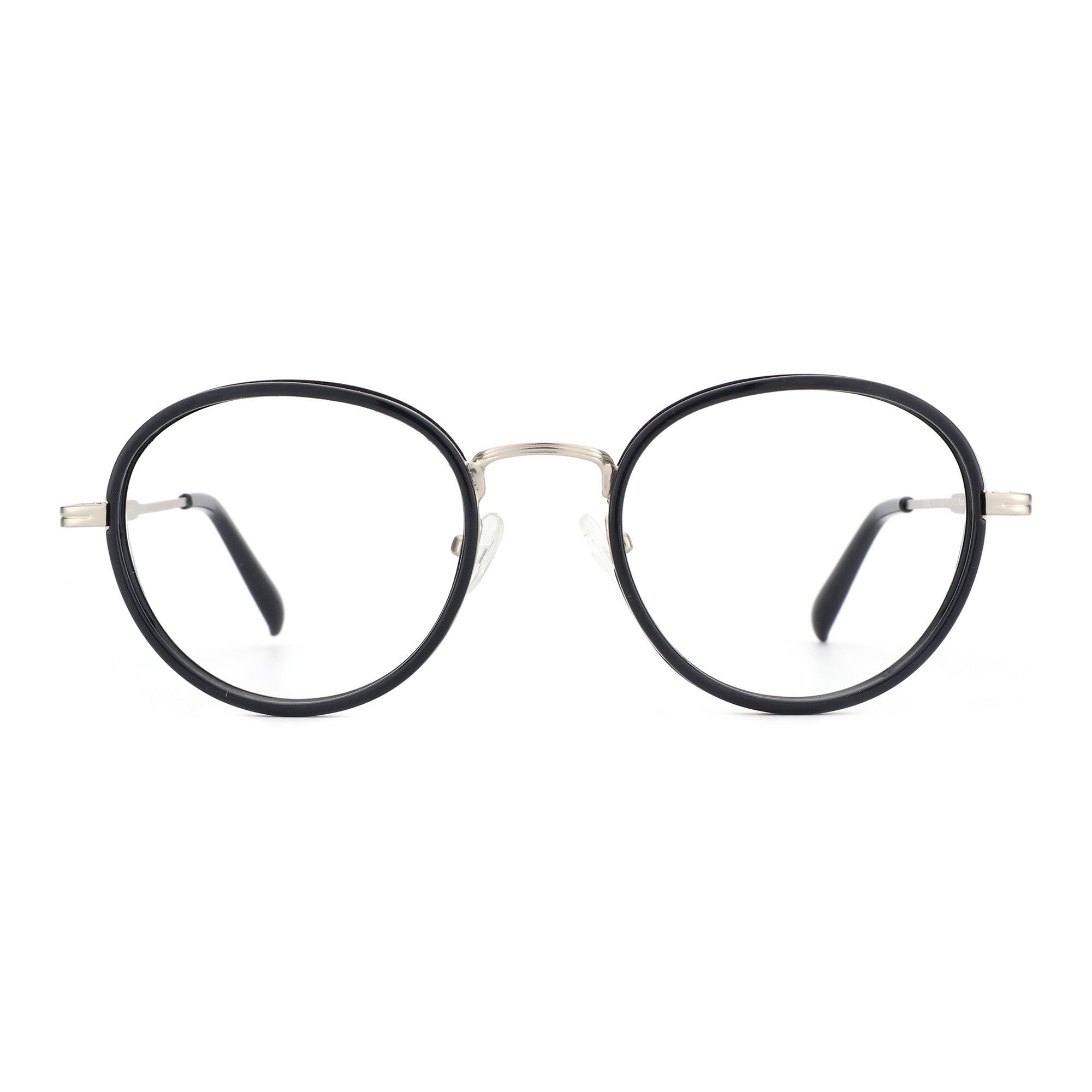 Zenottic Martin eyeglasses: black metal TR90 round frame, silver accents, clear lenses.