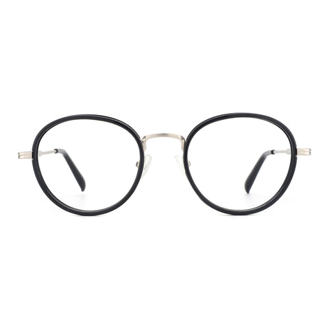 Zenottic Martin eyeglasses: black metal TR90 round frame, silver accents, clear lenses.