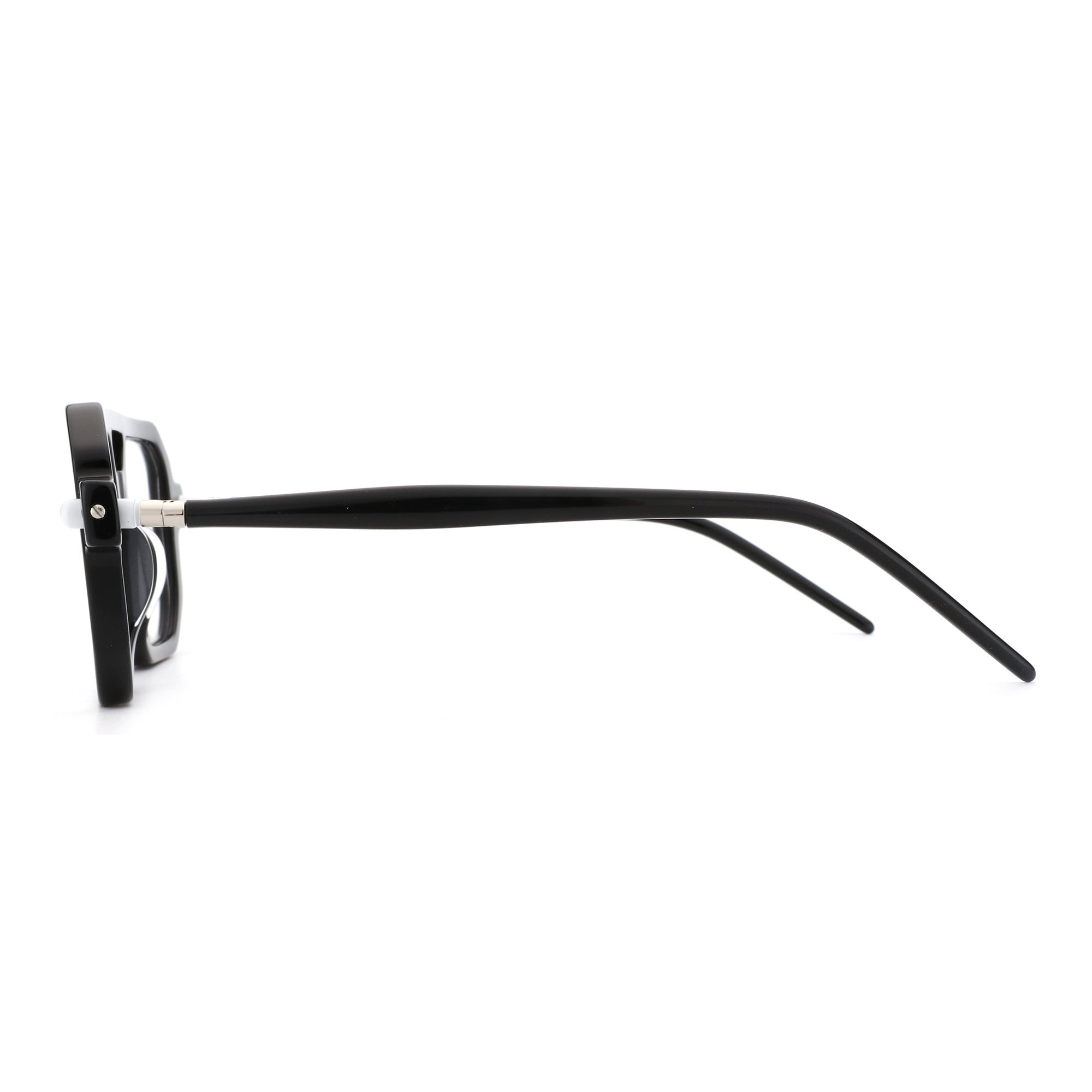 Zenottic Reed black acetate eyeglasses side profile, matte finish, clear lenses, product appearance.