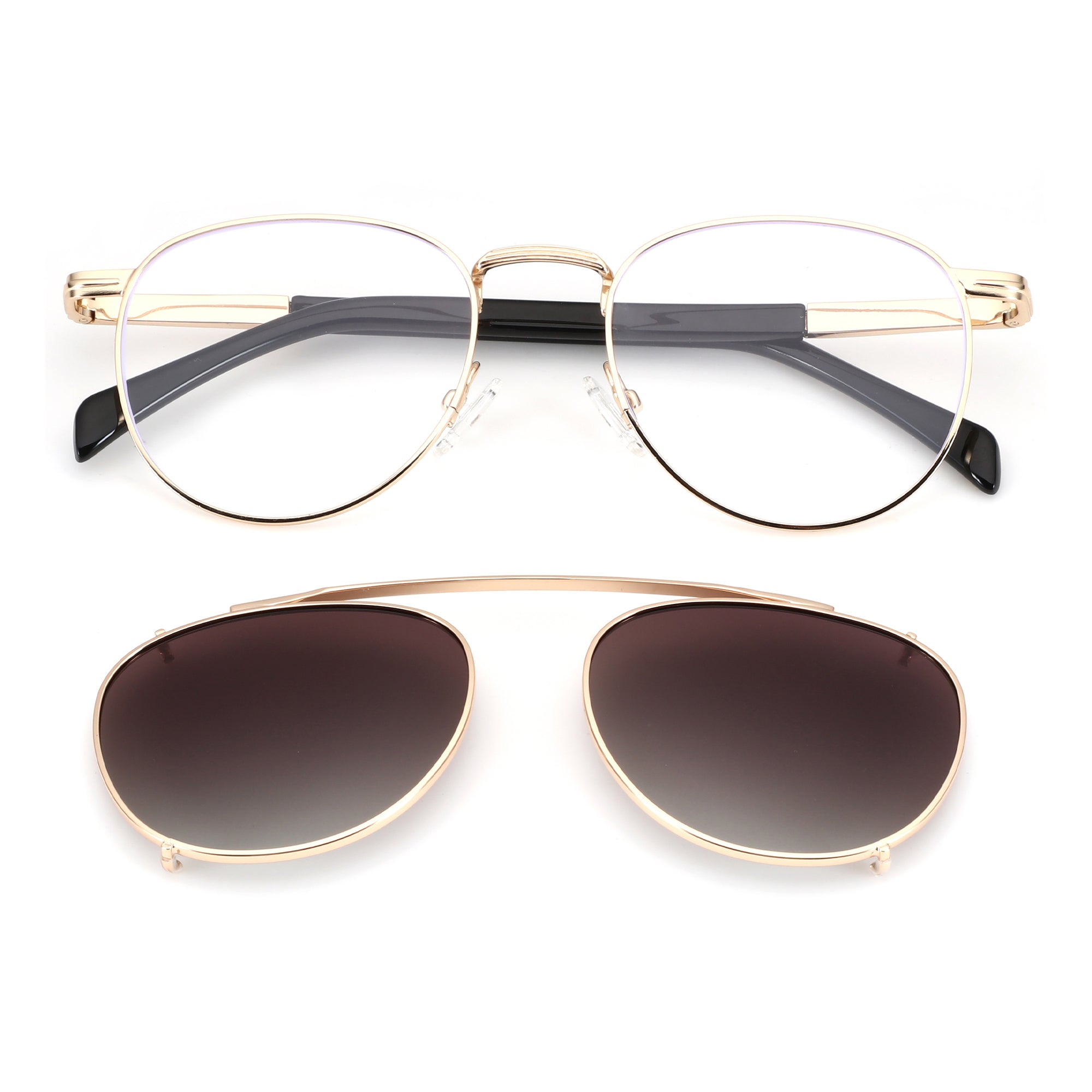 Zenottic gold rimmed round eyeglasses with black temples and brown gradient clip-on sunglasses.