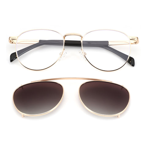 Zenottic gold rimmed round eyeglasses with black temples and brown gradient clip-on sunglasses.