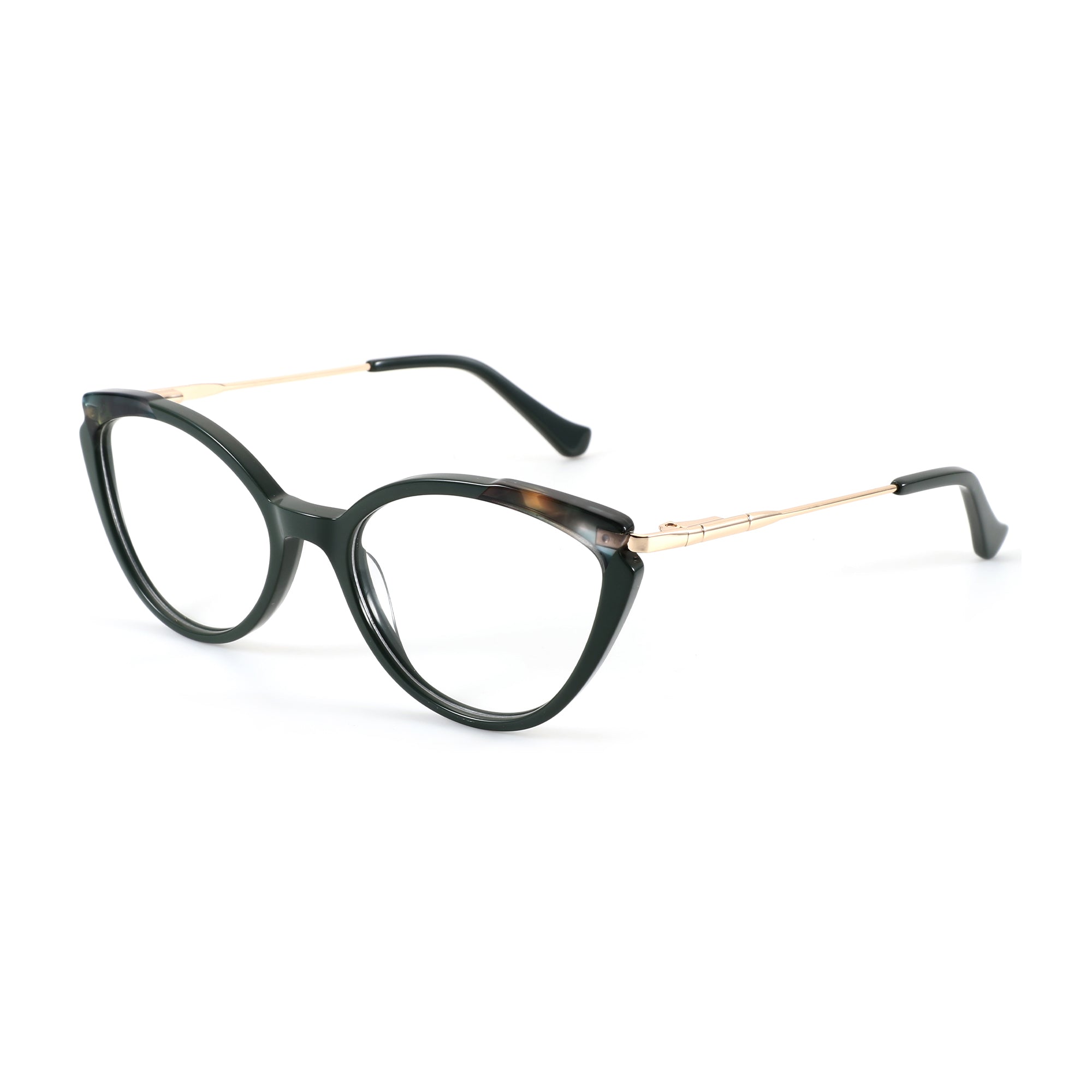Zenottic Colalie eyeglasses feature a dark green cat-eye acetate frame with subtle tortoiseshell accents and gold temples.