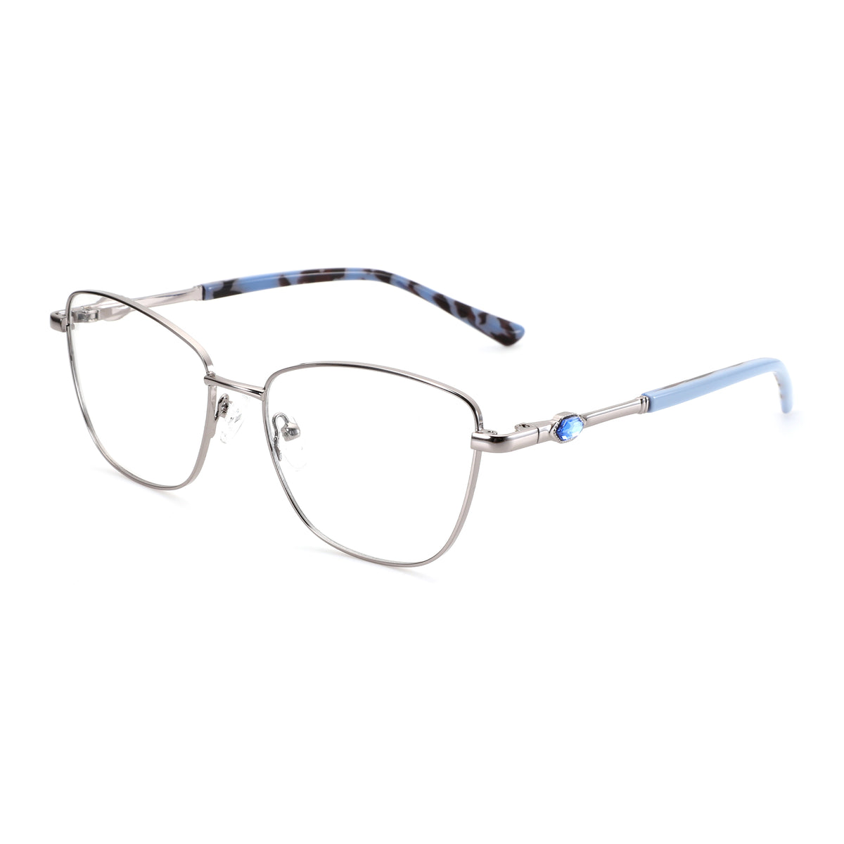Zenottic Seren eyeglasses: silver metal frame, clear lenses, tortoiseshell and blue temples with blue jewel accents.