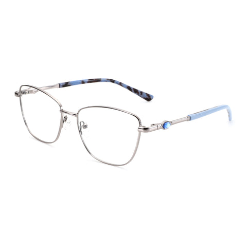 Zenottic Seren eyeglasses: silver metal frame, clear lenses, tortoiseshell and blue temples with blue jewel accents.