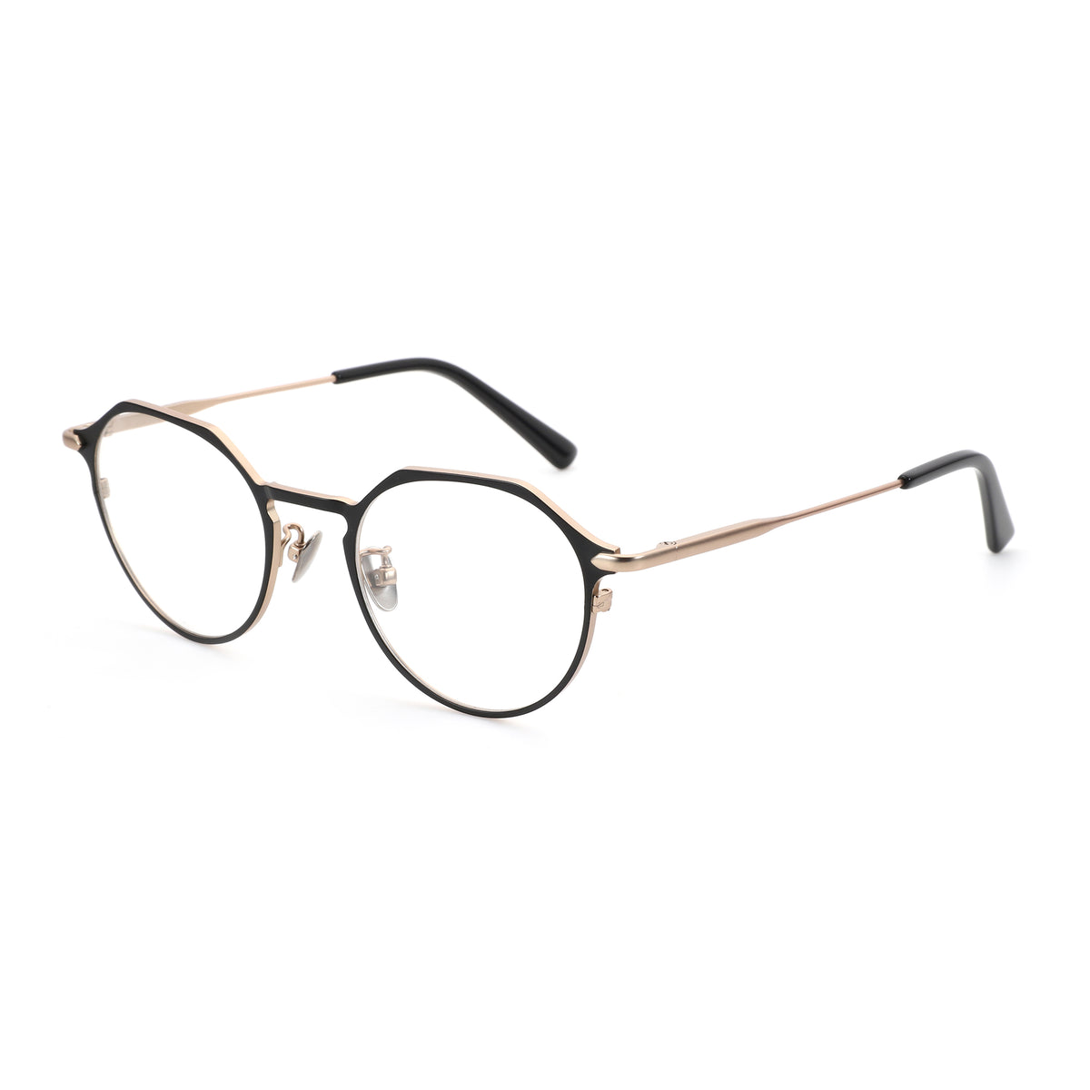 Zenottic Gwendolyn eyeglasses with black rim, gold metal accents, and clear lenses.