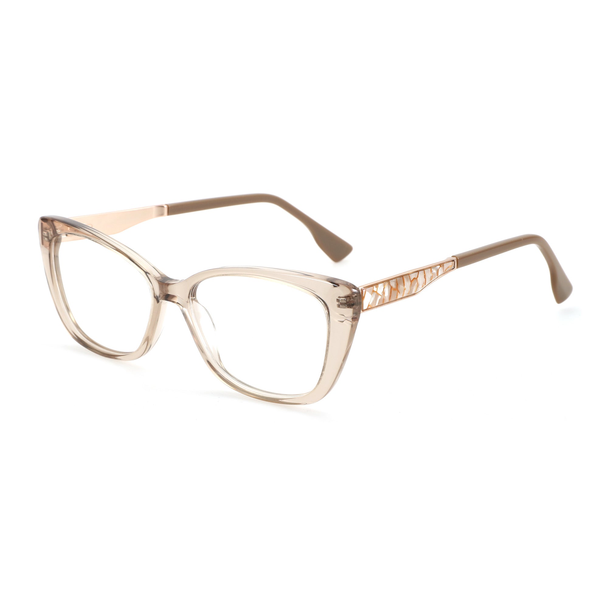 Zenottic Olga translucent brown cat-eye eyeglasses with patterned rose gold temple accents.