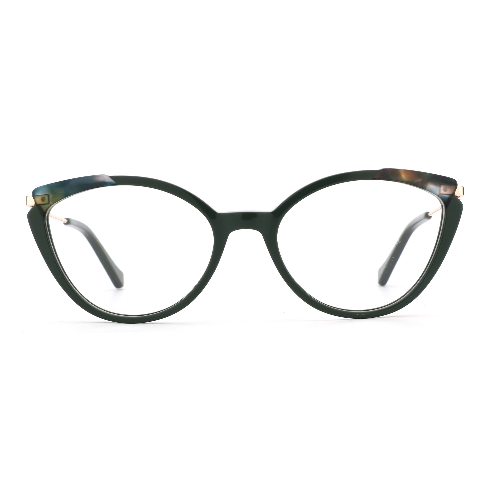 Zenottic Colalie cat-eye eyeglasses in dark green acetate with subtle tortoiseshell detailing on the temples.