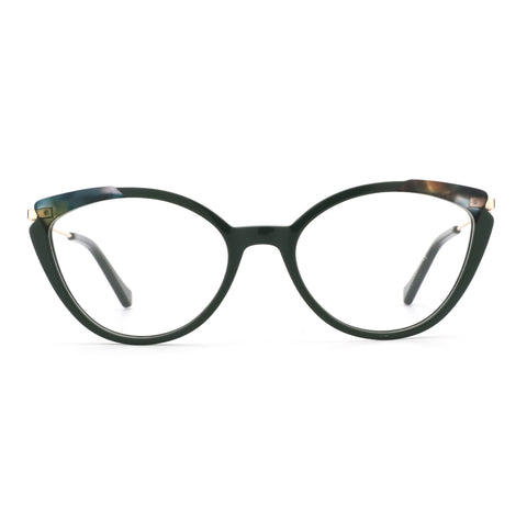 Zenottic Colalie cat-eye eyeglasses in dark green acetate with subtle tortoiseshell detailing on the temples.