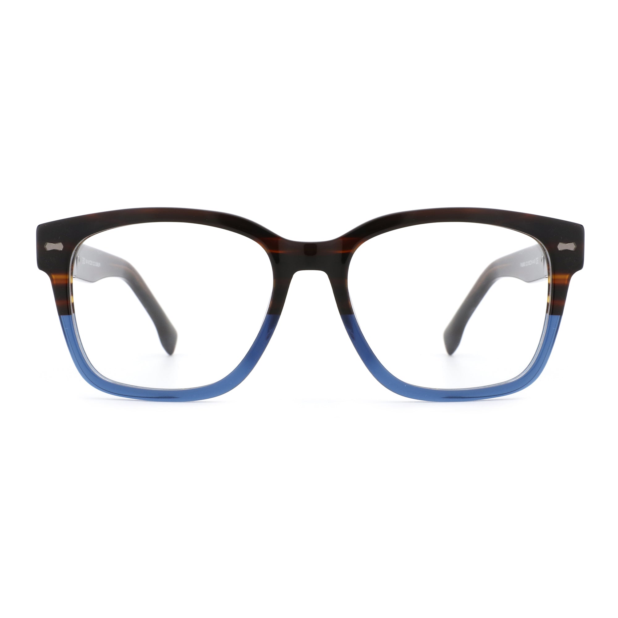 Zenottic Quentin eyeglasses with brown tortoise acetate frame and blue bottom rim.