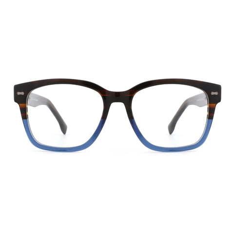Zenottic Quentin eyeglasses with brown tortoise acetate frame and blue bottom rim.