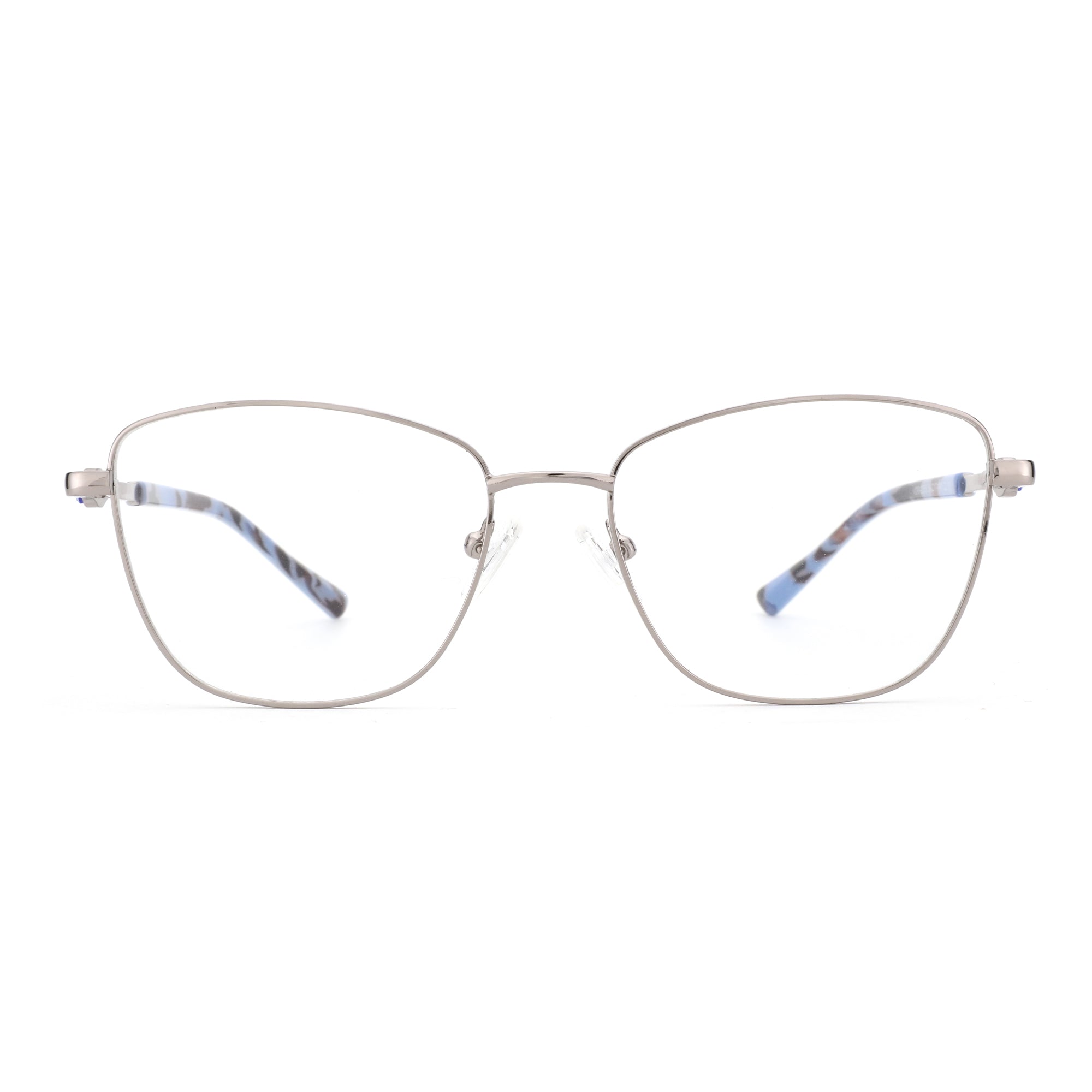 Zenottic Seren silver metal square-cat-eye non-prescription eyeglasses with marbled blue temples