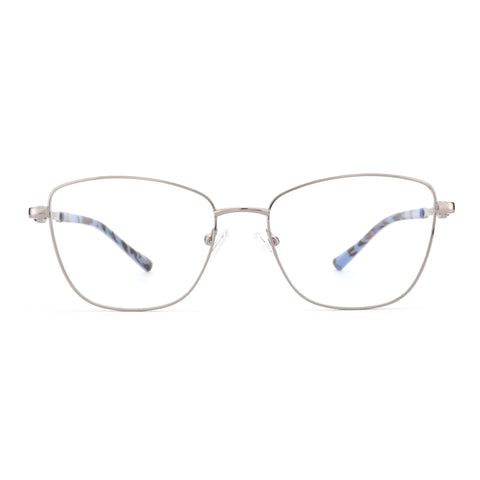 Zenottic Seren silver metal square-cat-eye non-prescription eyeglasses with marbled blue temples