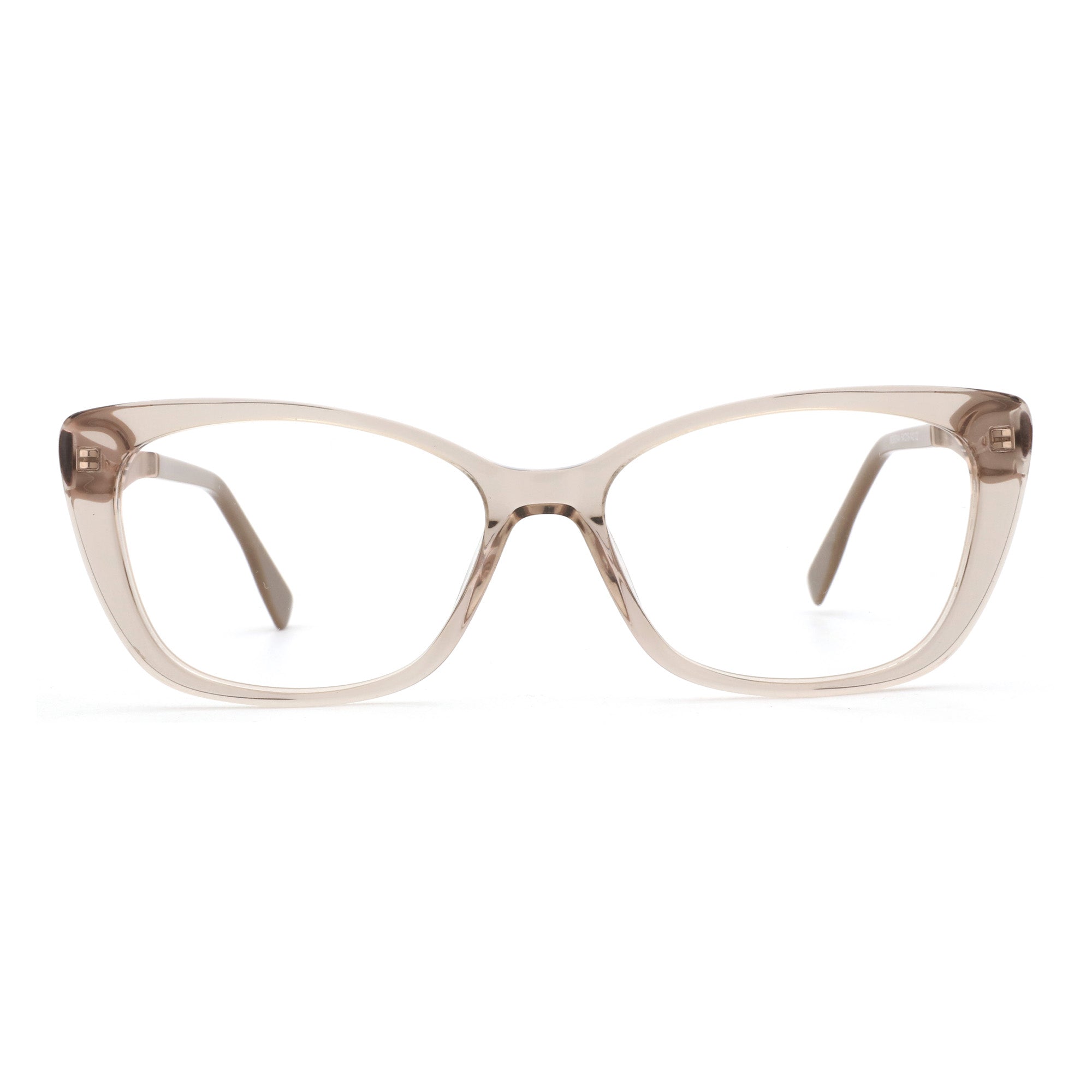 Zenottic Olga eyeglasses with a translucent brown acetate cat-eye frame and clear lenses.