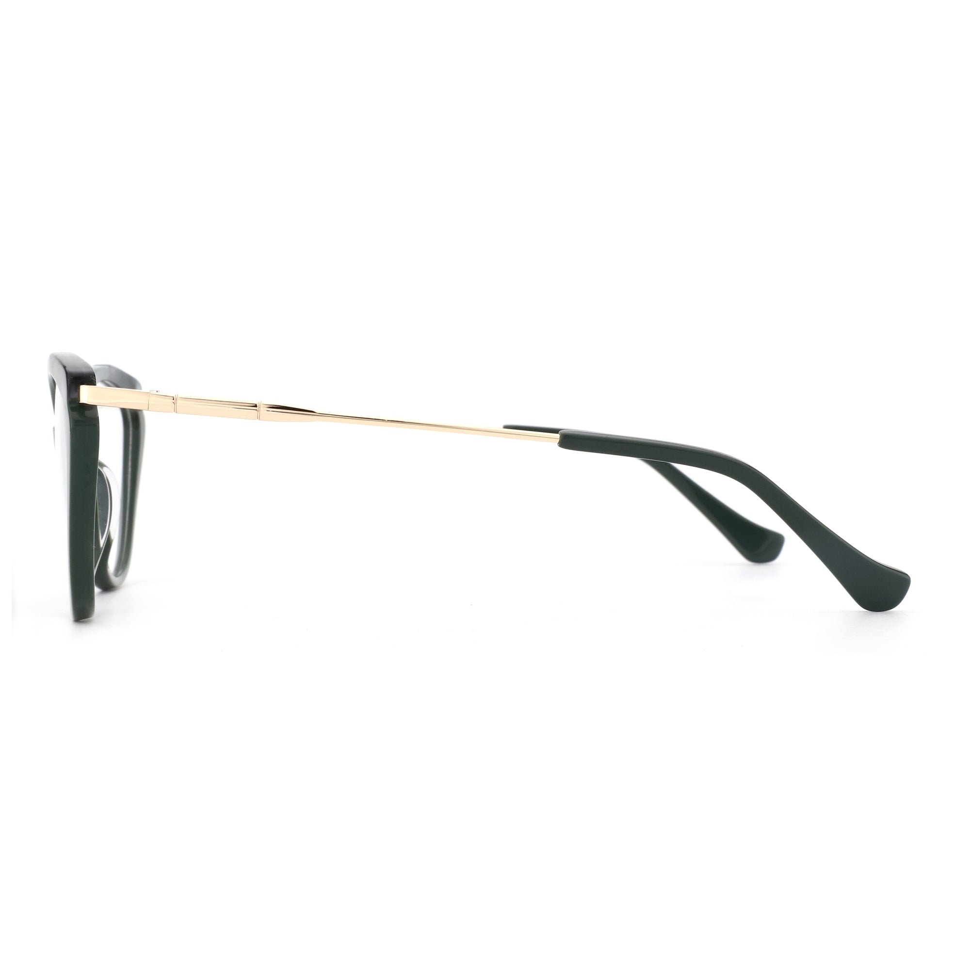 Zenottic Colalie eyeglasses with dark green acetate frames and gold temples.