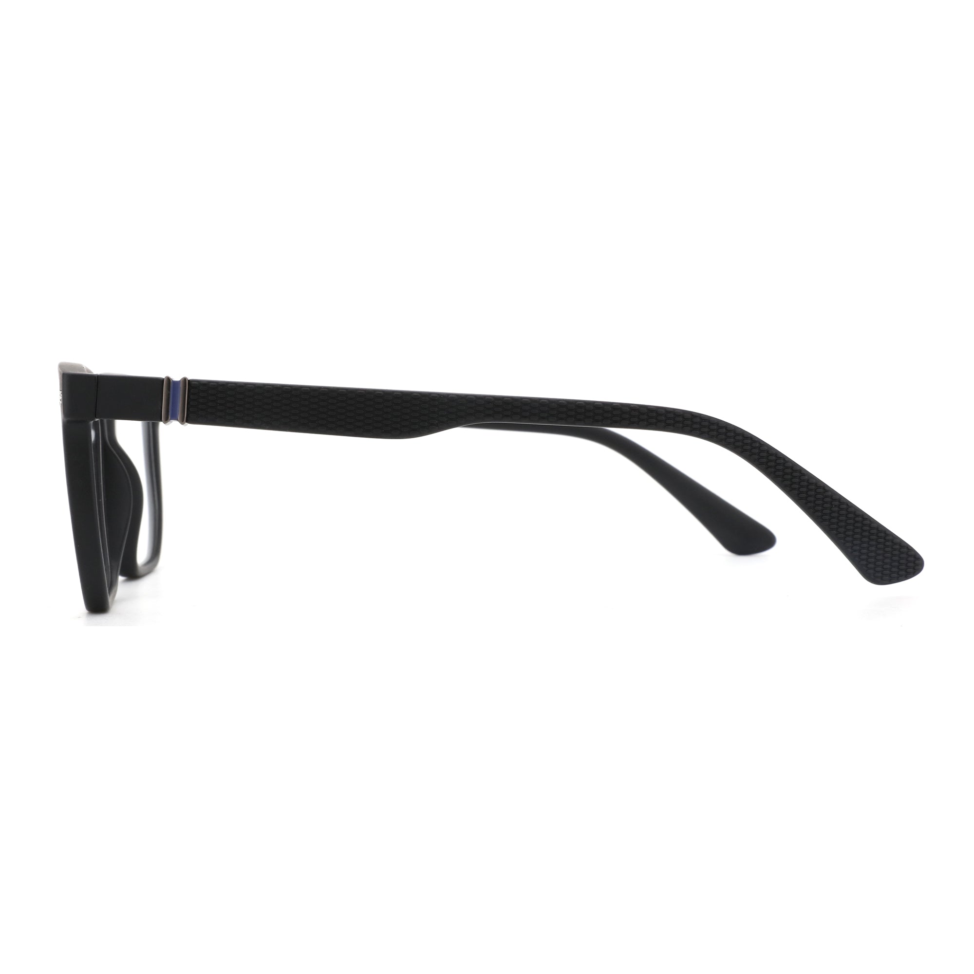 Zenottic Garrett black eyeglasses with textured temples and blue accent