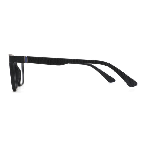 Zenottic Garrett black eyeglasses with textured temples and blue accent