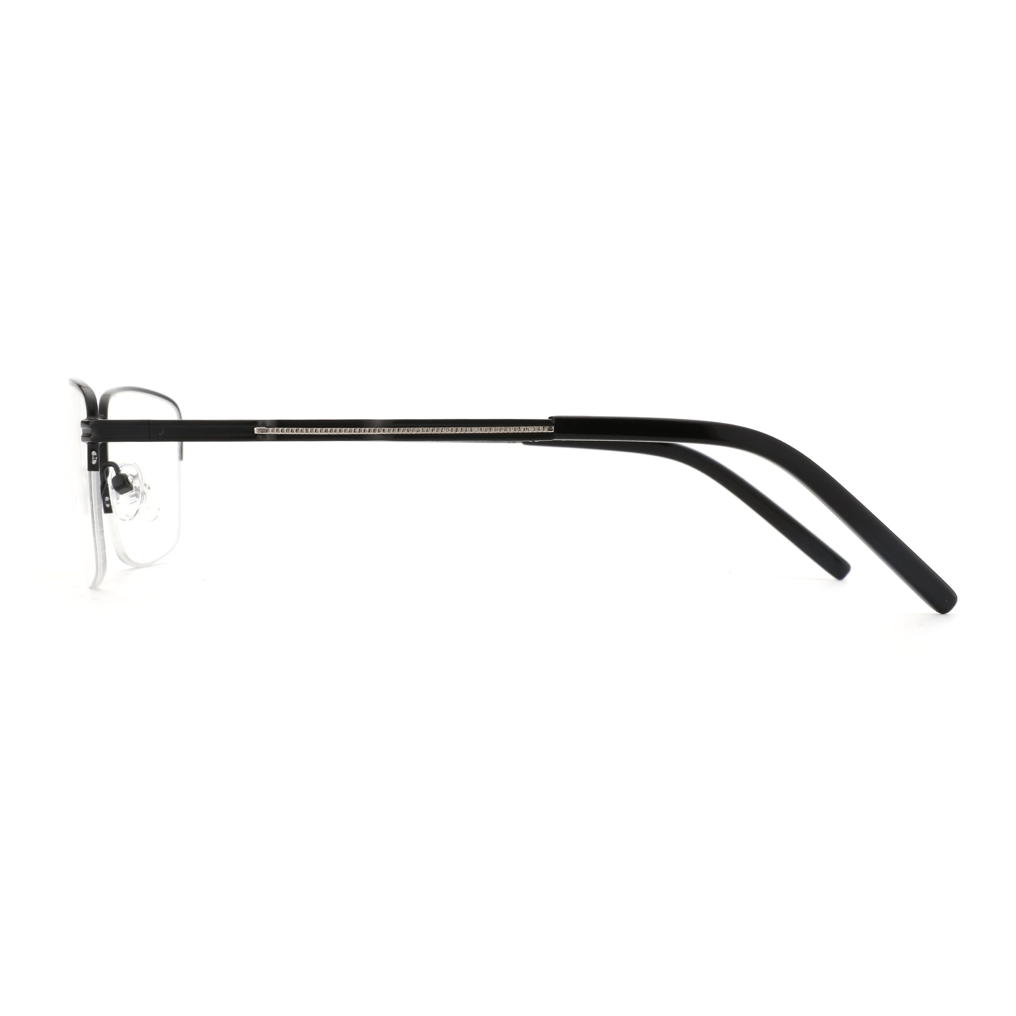 Zenottic Wilton black metal half-rim square eyeglasses side view, clear lenses, product page.